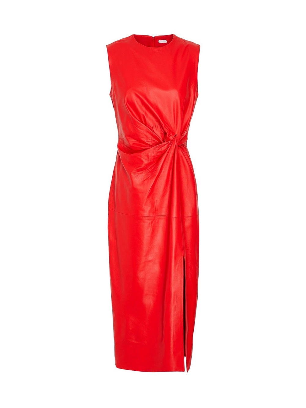 Red Sleeveless Natural Leather Midi Dress